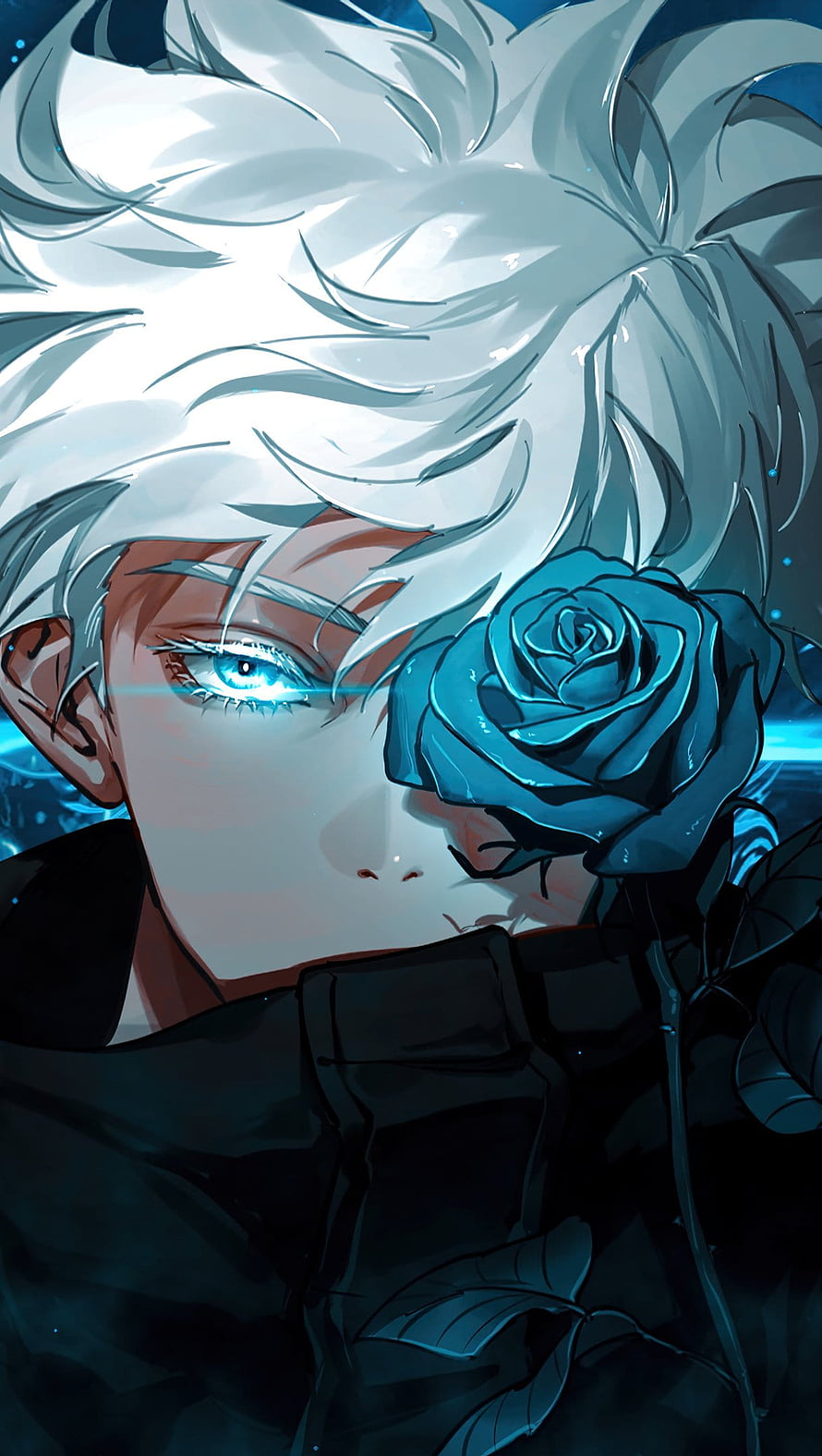 Satoru Gojo from Jujutsu Kaisen Holding a Blue Rose in Dark Anime Art HD phone wallpaper