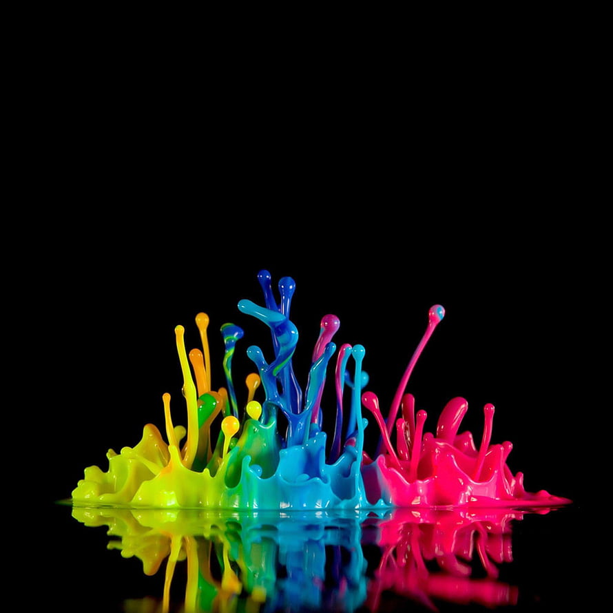 Vibrant Multicolor Paint Splash on Black Background with Reflection HD phone wallpaper