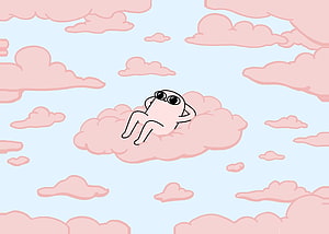 Kawaii Cartoon Character Relaxing on Pink Clouds in Pastel Sky HD wallpaper