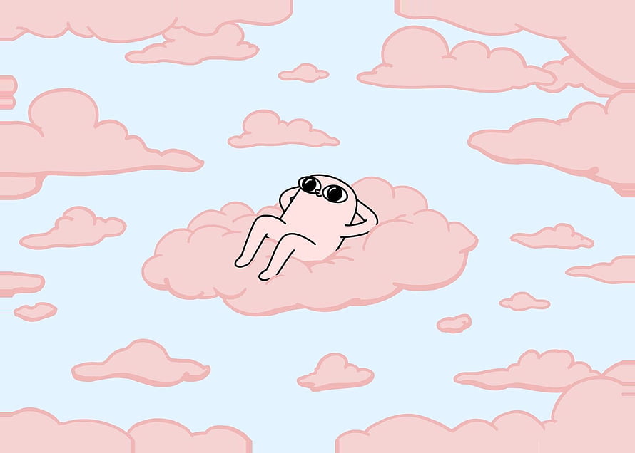 Kawaii Cartoon Character Relaxing on Pink Clouds in Pastel Sky HD wallpaper