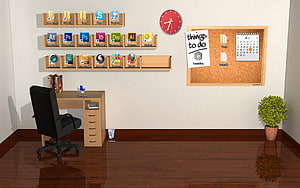 3D Rendered Home Office Scene With Desk, Chair, Corkboard, and Wall Shelves HD wallpaper