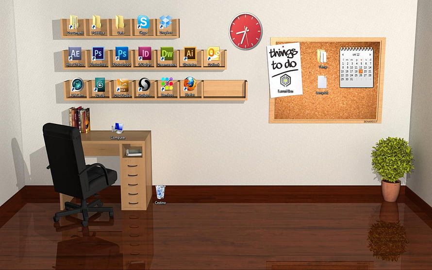 3D Rendered Home Office Scene With Desk, Chair, Corkboard, and Wall Shelves HD wallpaper