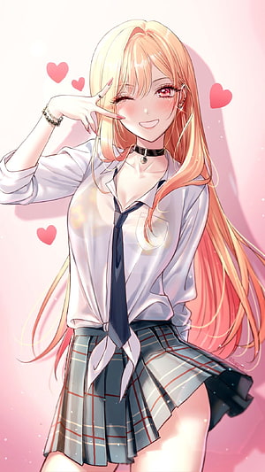 Cute Anime Girl in School Uniform Winking with Hearts HD phone wallpaper
