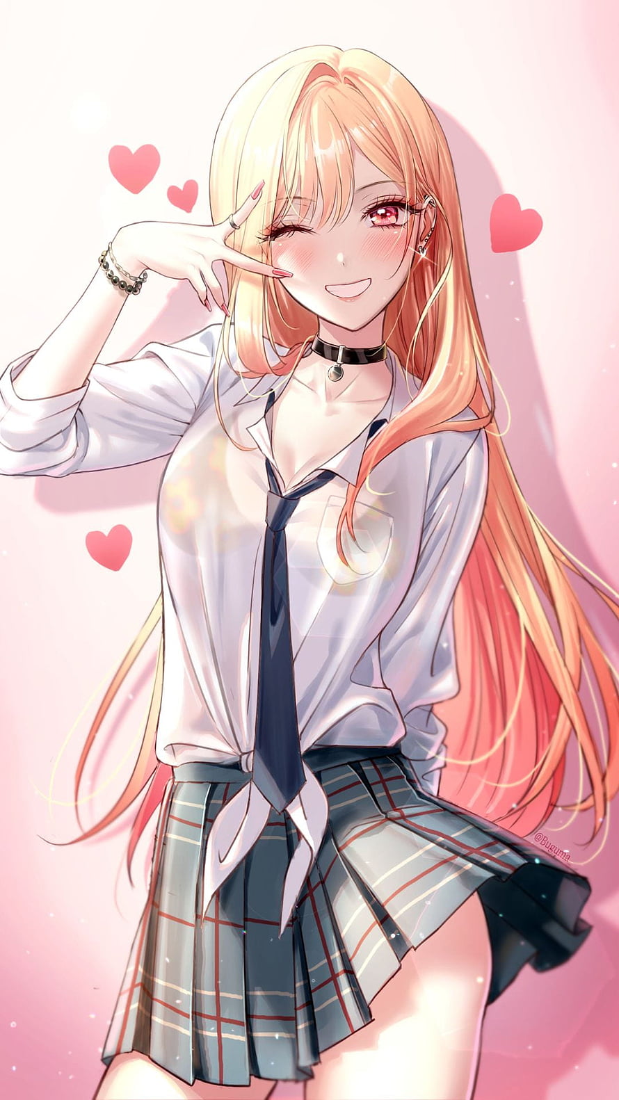 Cute Anime Girl in School Uniform Winking with Hearts HD phone wallpaper