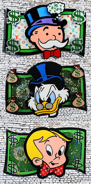 Monopoly Man, Scrooge McDuck, and Rich Uncle Pennybags Street Art on Brick Wall HD phone wallpaper