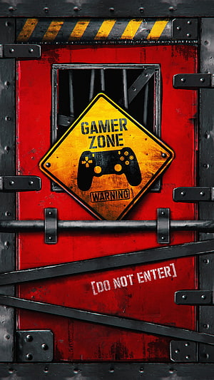 Gamer Zone Warning Sign on Industrial Red Door with Game Controller Icon HD phone wallpaper