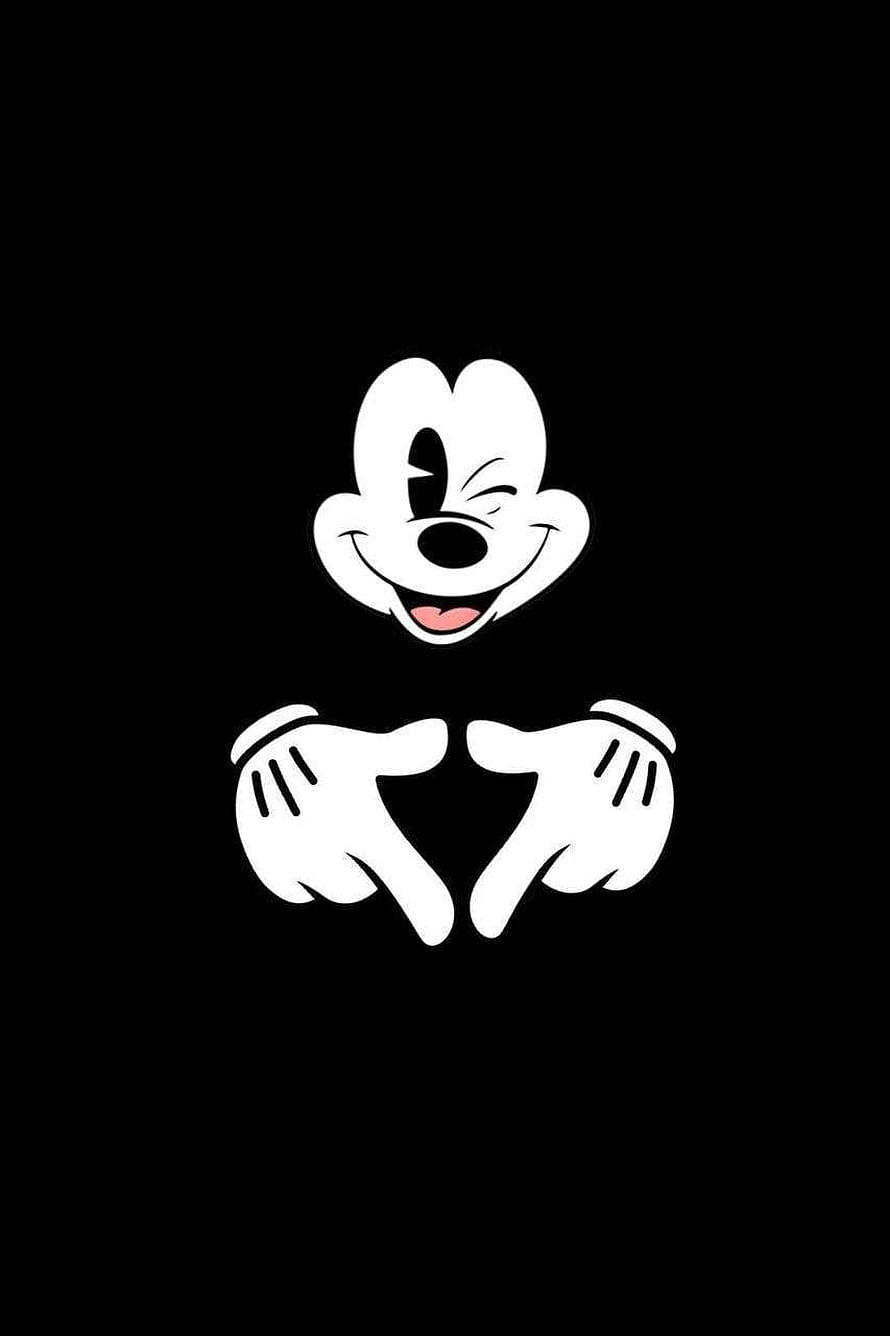 Mickey Mouse Winking and Forming a Heart Shape with White Gloves on Black Background HD phone wallpaper