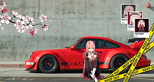 Zero Two from Darling in the Franxx Sitting Beside a Red Porsche 911 with Cherry Blossoms HD wallpaper