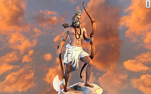 3D Render of Parshuram Holding Bow and Axe Against Dramatic Sunset Sky HD wallpaper