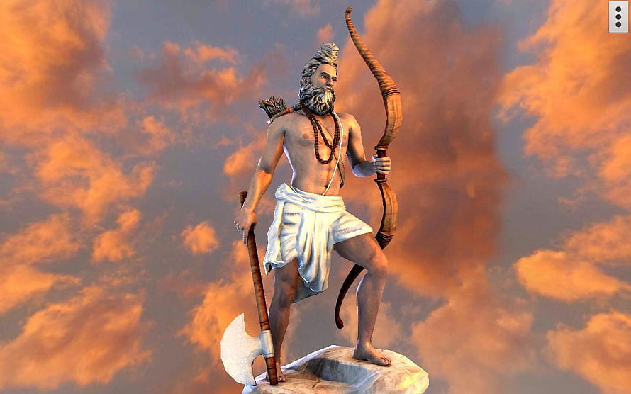 3D Render of Parshuram Holding Bow and Axe Against Dramatic Sunset Sky HD wallpaper