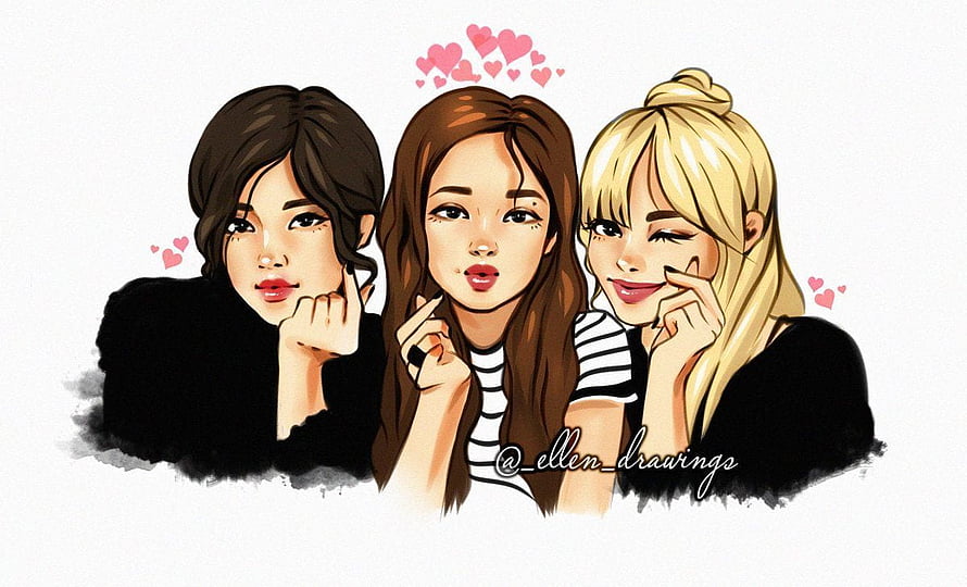 Cute Digital Illustration of Three Best Friends Girls with Hearts HD wallpaper