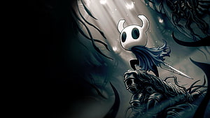 Hollow Knight Hero Standing on Giant Hand in Dark Cavern with Sword and Cape HD wallpaper