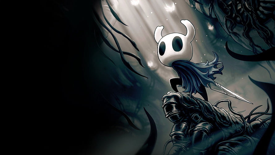 Hollow Knight Hero Standing on Giant Hand in Dark Cavern with Sword and Cape HD wallpaper