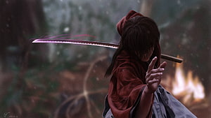 Anime Samurai Warrior With Glowing Purple Sword In Dark Forest HD wallpaper