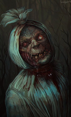 Pocong Ghost Concept Art by LoranDeSore with Glowing Red Eyes and Tattered Cloth HD phone wallpaper