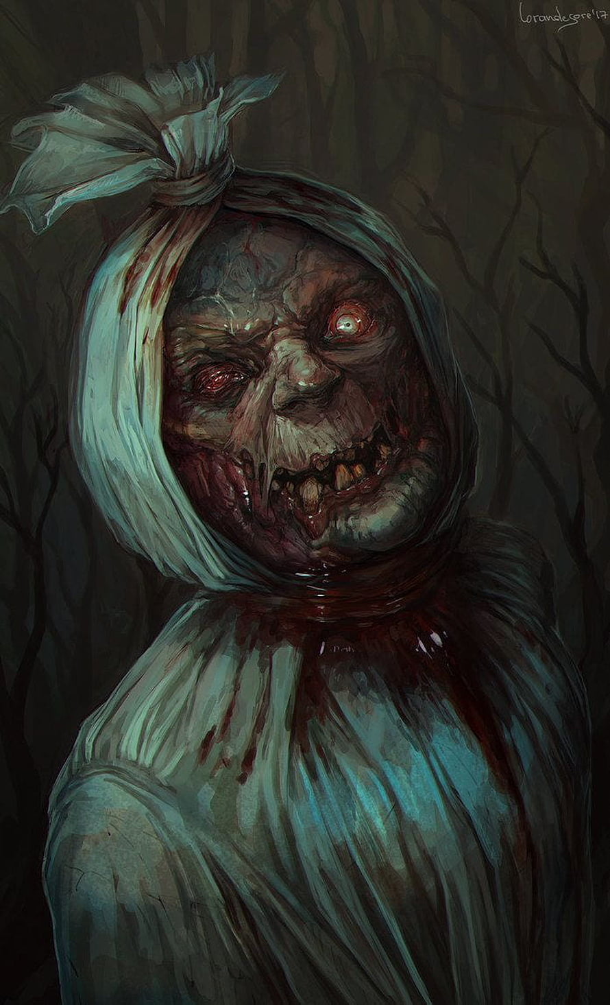Pocong Ghost Concept Art by LoranDeSore with Glowing Red Eyes and Tattered Cloth HD phone wallpaper