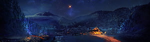 Magical Winter Night Landscape With Glowing Cabin And Starry Sky HD wallpaper