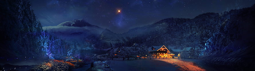 Magical Winter Night Landscape With Glowing Cabin And Starry Sky HD wallpaper