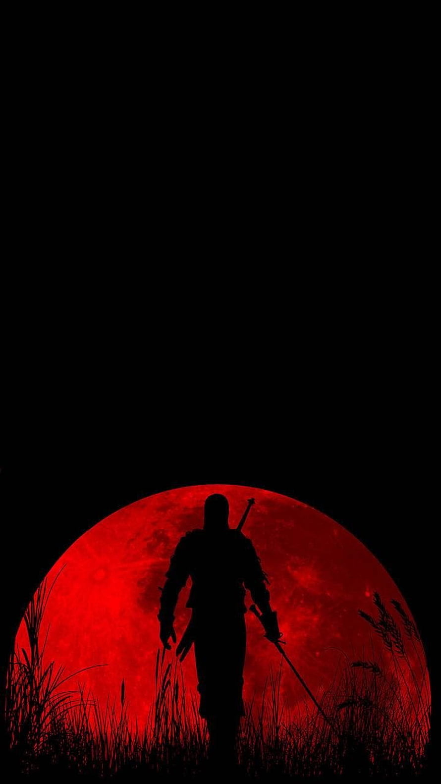 Silhouette of a warrior standing before a massive red moon in a dark grassy field HD phone wallpaper