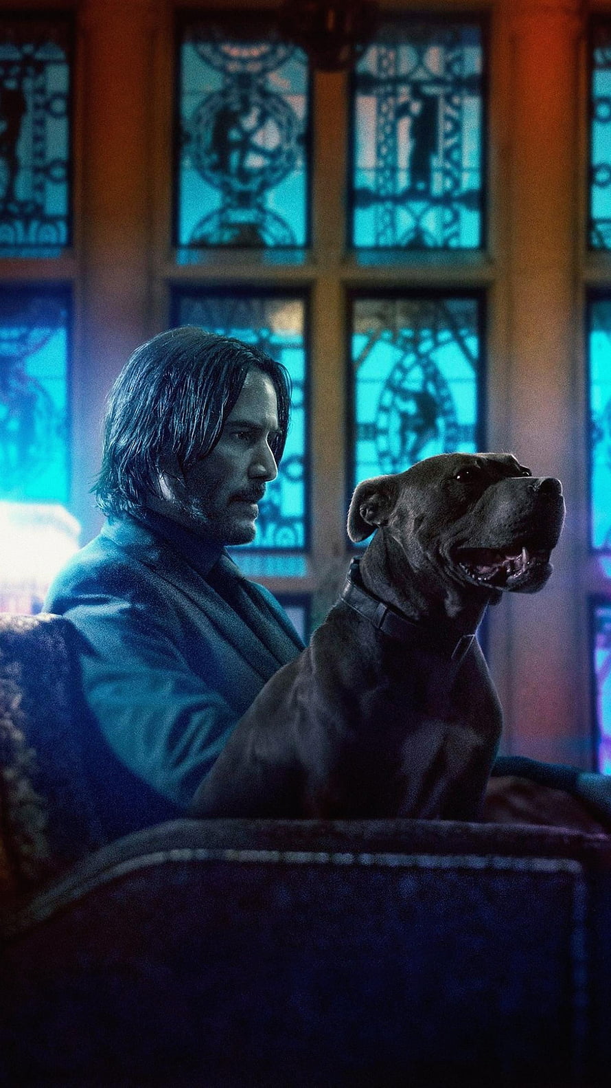 John Wick and Dog Sitting on Couch in Dimly Lit Room with Stained Glass Windows HD phone wallpaper