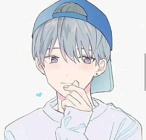 Cute Anime Boy With Blue Hair And Cap In White Hoodie HD wallpaper