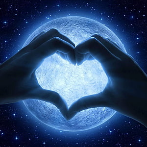 Hands Forming Heart Shape Framing Glowing Moon Against Starry Night Sky HD phone wallpaper