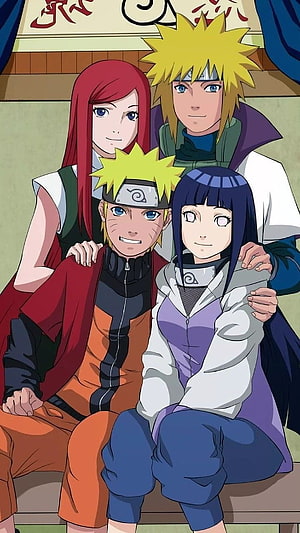Naruto Uzumaki and Hinata Hyuga Family Portrait with Parents in Anime Style HD phone wallpaper