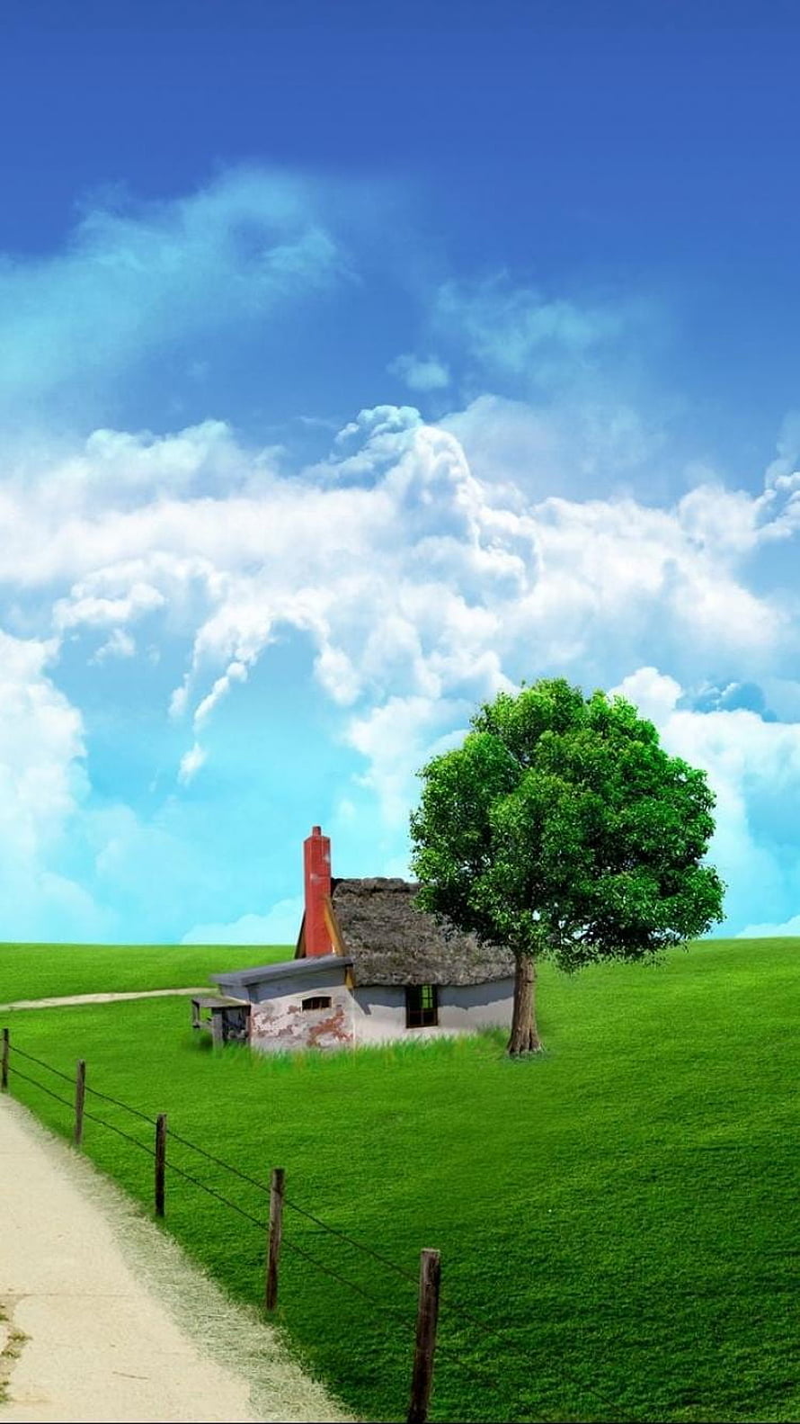 Rustic Thatched Cottage with Red Chimney on a Lush Green Hillside Under a Bright Blue Sky HD phone wallpaper
