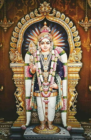 Lord Murugan Palani Murugan Devotional Portrait with Vel and Ornate Golden Arch HD phone wallpaper