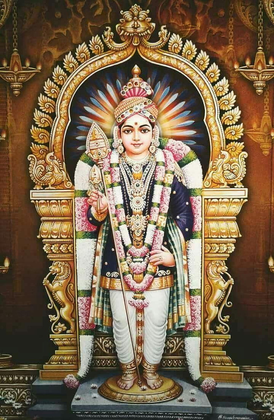 Lord Murugan Palani Murugan Devotional Portrait with Vel and Ornate Golden Arch HD phone wallpaper