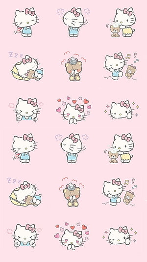 Cute Hello Kitty and Bear Kawaii Illustration on Pastel Pink Background HD phone wallpaper