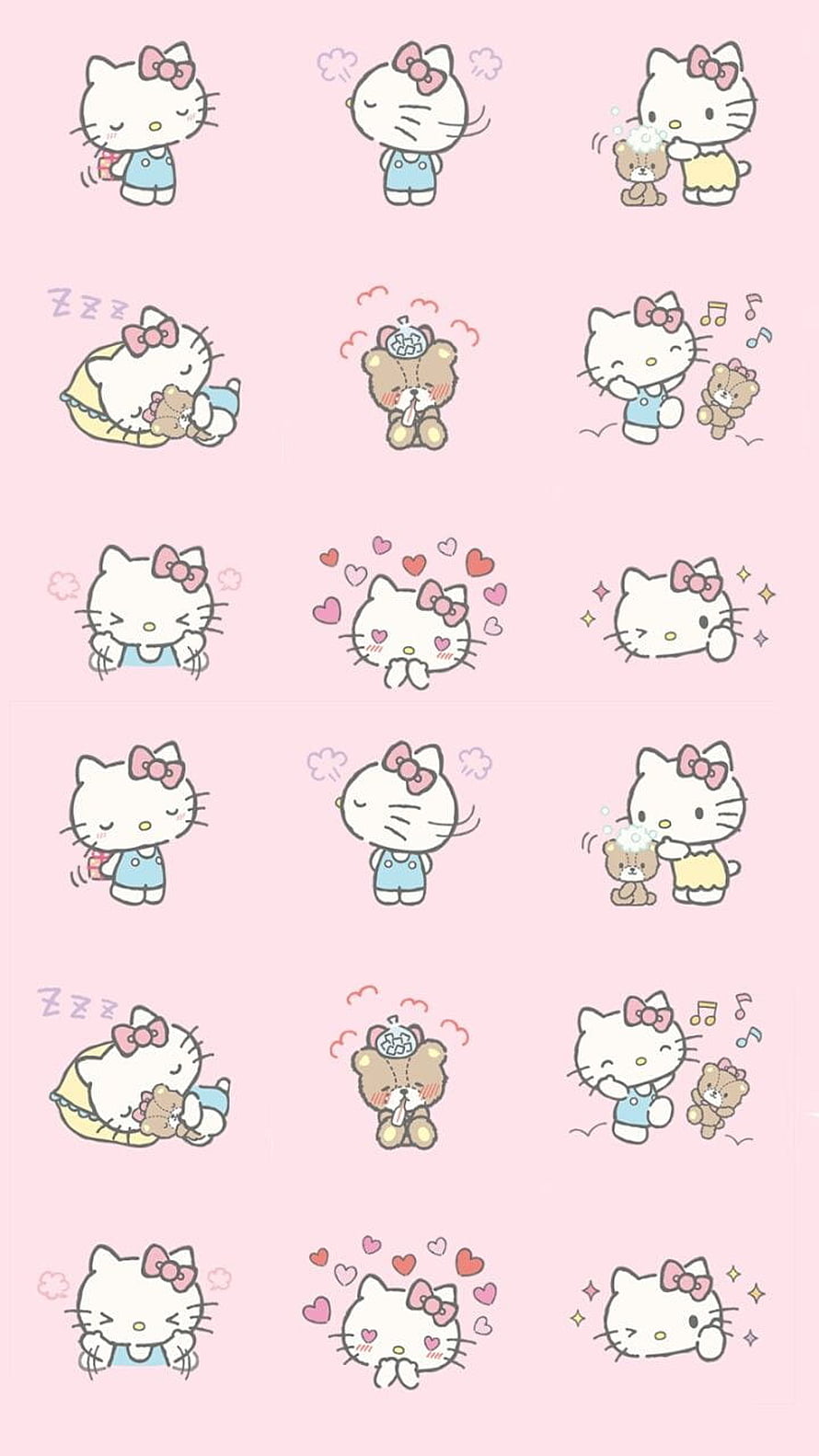 Cute Hello Kitty and Bear Kawaii Illustration on Pastel Pink Background HD phone wallpaper