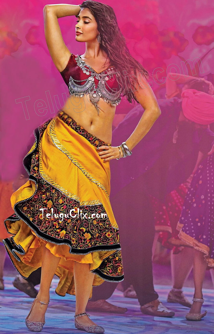 Pooja Hegde in Vibrant Yellow and Red Traditional Dance Costume HD phone wallpaper