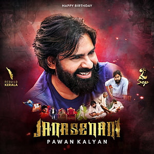 Pawan Kalyan as Janaseneudu in a dramatic movie poster with a red background and character montage HD phone wallpaper