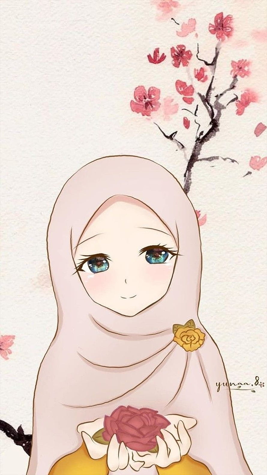 Anime Girl In Hijab Holding Rose With Cherry Blossoms HD phone wallpaper