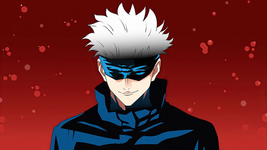 Gojo Satoru from Jujutsu Kaisen anime character portrait with white hair and blindfold on red background HD wallpaper