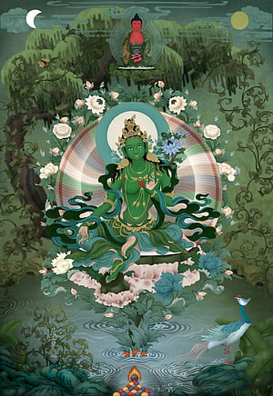 Green Tara Buddhist Deity Sitting on Lotus Flower with Peacock and Nature Background HD phone wallpaper