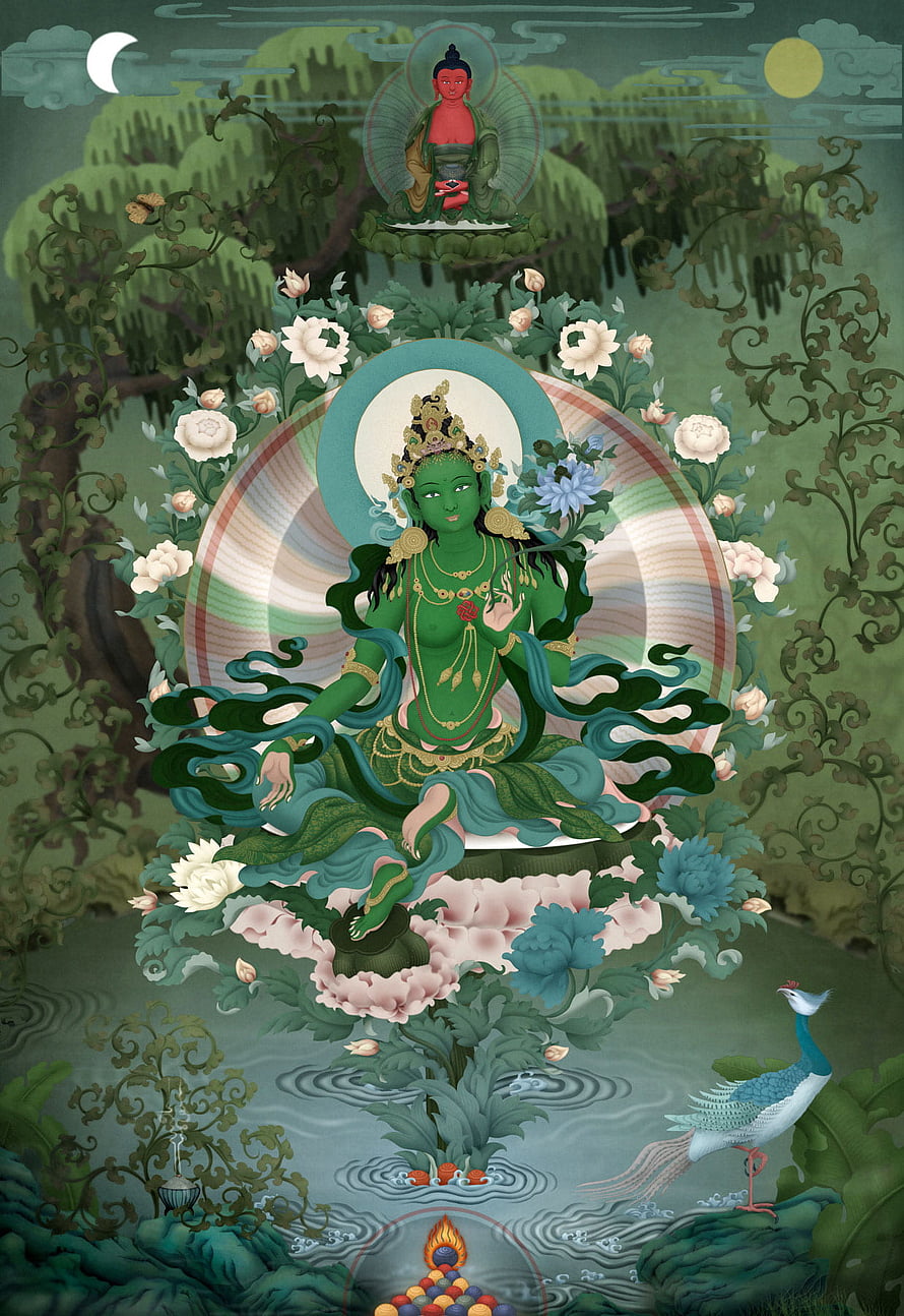 Green Tara Buddhist Deity Sitting on Lotus Flower with Peacock and Nature Background HD phone wallpaper