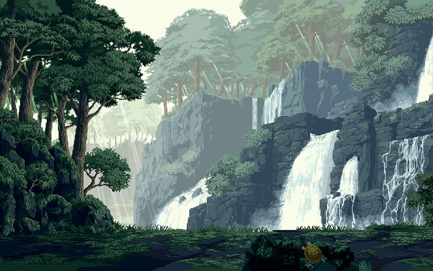Lush Pixel Art Forest Scene with Waterfall and Rocky Cliffs HD wallpaper