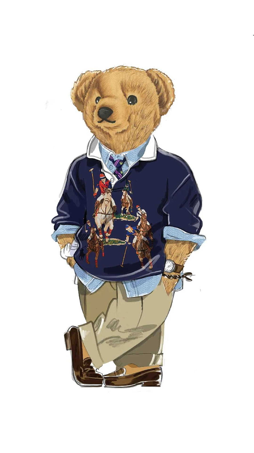 Ralph Lauren Polo Bear Illustration Wearing Navy Sweater and Khaki Pants HD phone wallpaper