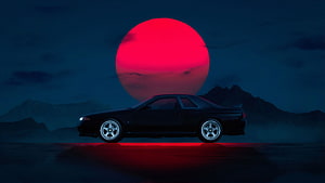 Black Nissan Skyline R32 GT-R Side Profile Against Giant Red Moon HD wallpaper