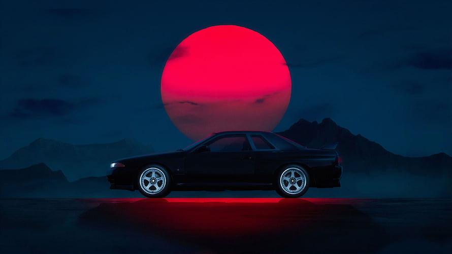 Nissan Skyline GT-R R32 Silhouette Against Giant Red Moon and Mountain Range HD wallpaper