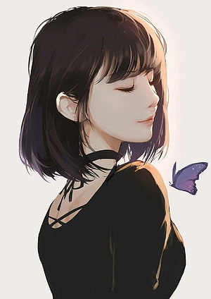 Serene Anime Girl With Short Hair And Purple Butterfly HD phone wallpaper