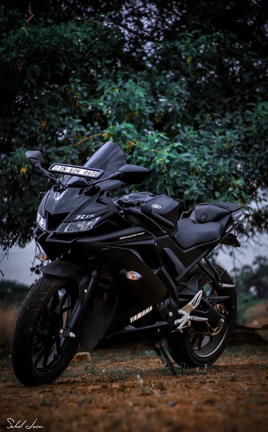 Matte Black Yamaha R15 Sport Motorcycle Parked Outdoors HD phone wallpaper