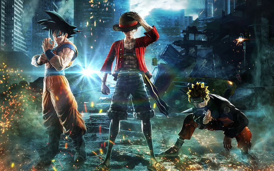 Goku, Luffy, and Naruto Team Up in Epic Anime Crossover Battle Scene HD wallpaper