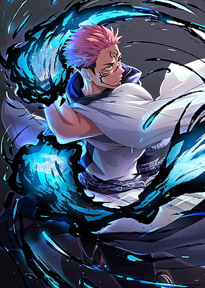 Sukuna Ryomen Jujutsu Kaisen Anime Character Blue Cursed Energy Action Art HD phone wallpaper