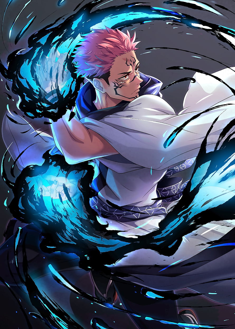 Sukuna Ryomen Jujutsu Kaisen Anime Character Blue Cursed Energy Action Art HD phone wallpaper