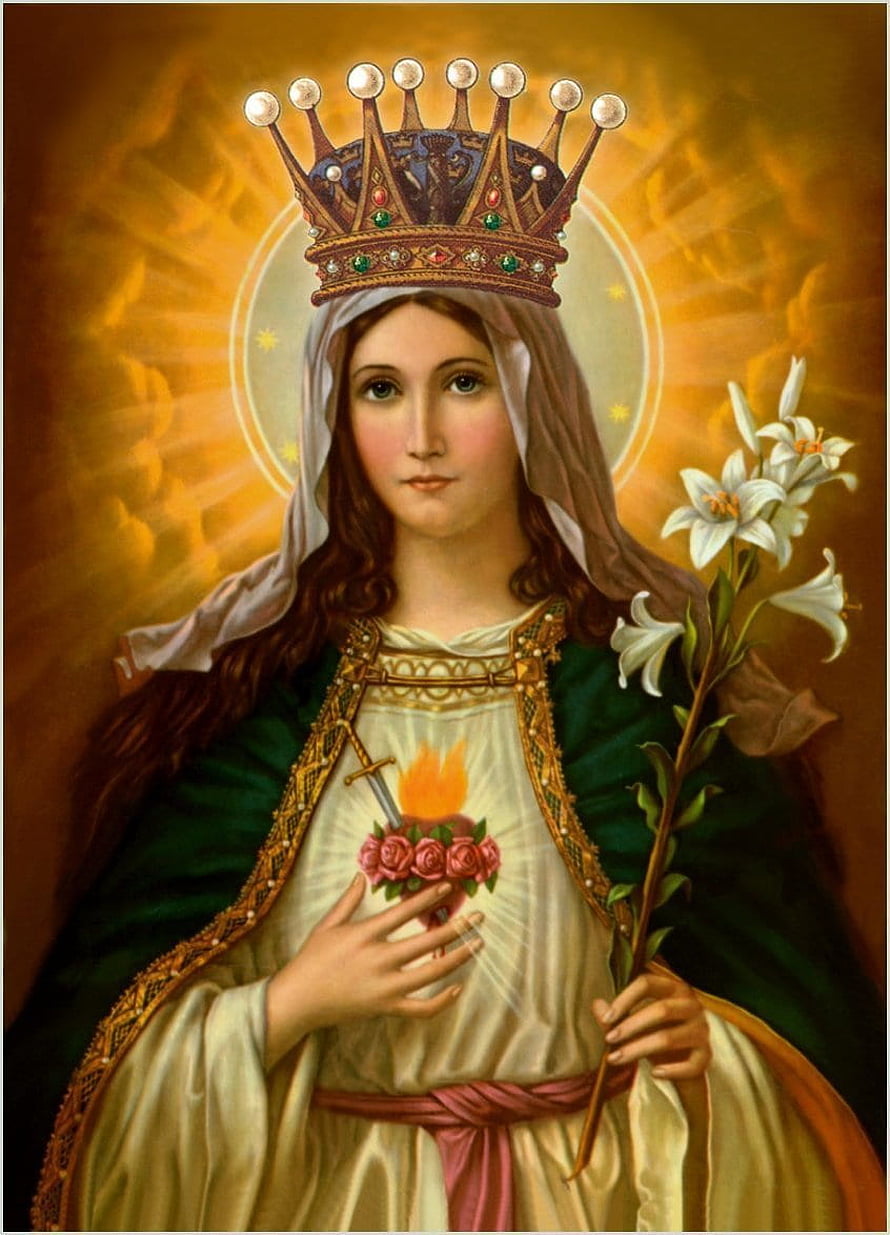 Our Lady of Fatima holding lilies with Immaculate Heart and crown HD phone wallpaper