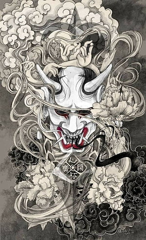 Akuma Demon Mask Illustration with Traditional Japanese Clouds and Peony Flowers HD phone wallpaper