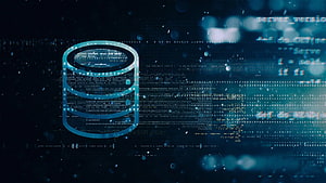 Digital Database Server Icon With Blue Holographic Data Streams And Code HD wallpaper
